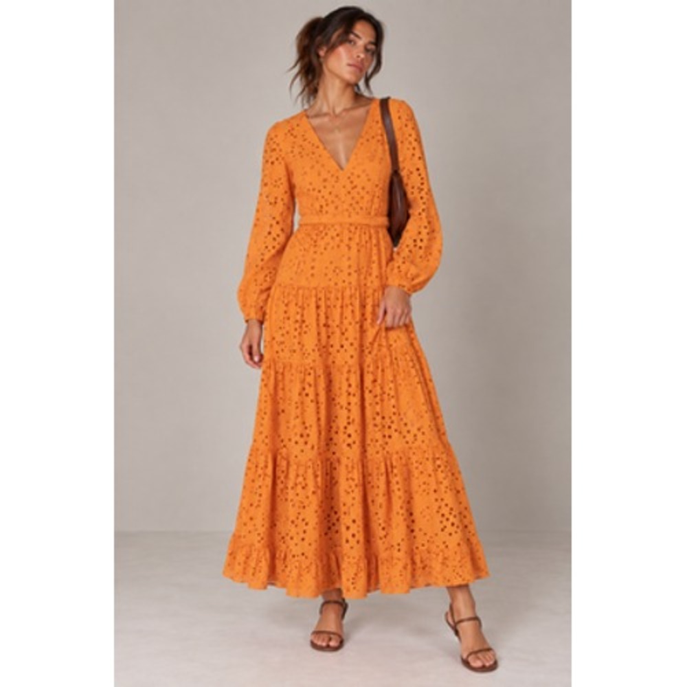 Zara Maxi Dress Womens XS Orange Eyelet Embroidered Belted Boho Cotton Tiered
